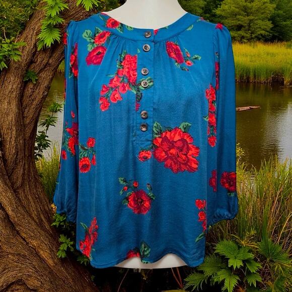 Anthropologie Maeve NWOT Kalas Teal Henley Floral Woven Blouse Size Medium - Picture 5 of 8